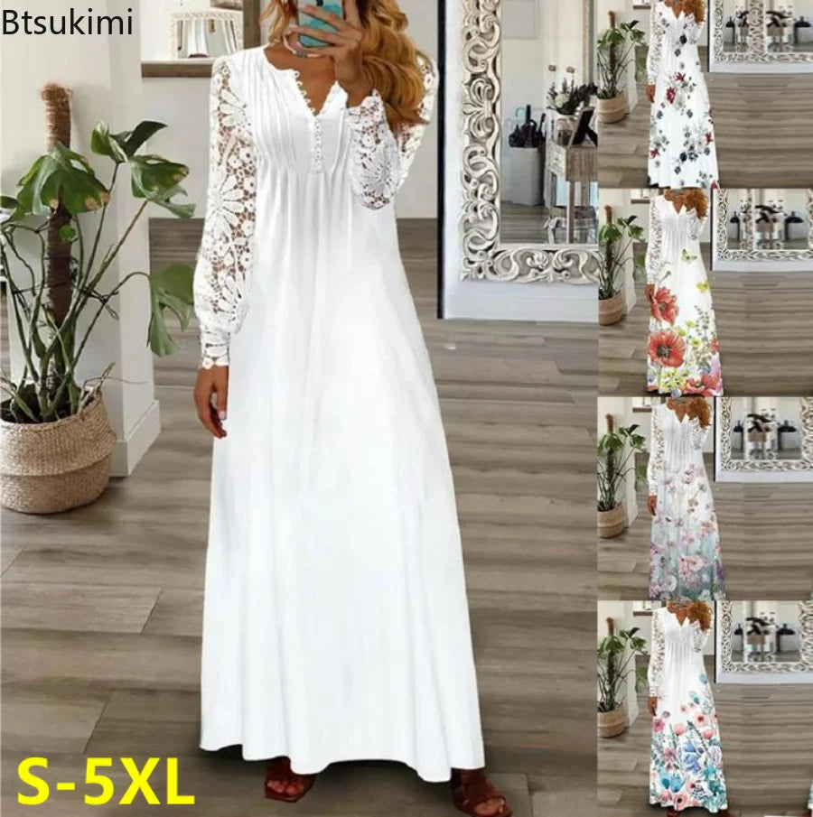 Plus Size 4XL 5XL Women's Casual Long  Buttons V Neck Sexy Lace Long Sleeves Dresses