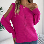 Autumn Winter Sexy Slanted Shoulder Sweater Woman Elegant Solid Color Loose Hollow Out Jumpers Casual Irregular Knitted Sweaters