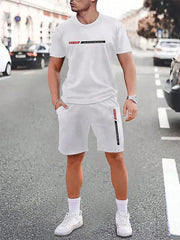 Men's urban street fashion crew neck short sleeve suit with simple design and appliques, ideal for casual outdoor wear.
