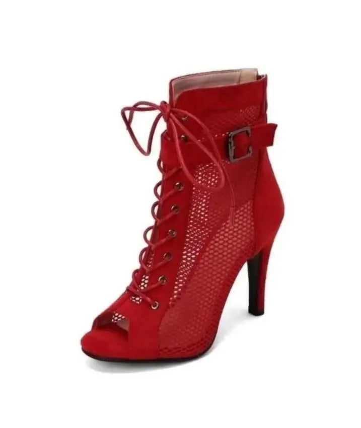 Women  Hollowed Mesh Heels Belt Buckle Lace-up Sexy Open Toe Stiletto J Shoes