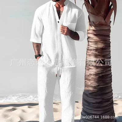 Men's summer casual cotton linen two-piece set with V-neck half sleeve top and loose fit pants, stylish and comfortable for various occasions.