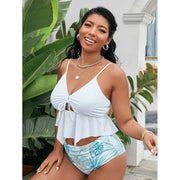 plus Size Solid Color Bikini Women's Swimwear Sexy Gathered Backless Design with Flesh Covering Suspender High Waist Bikini