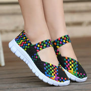 Women's Casual Elastic Band Weave Flats Non-Slip Comfort Loafers Slip-On Vulcanize Shoes Summer Season PU Upper
