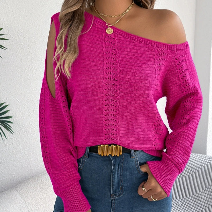 Autumn Winter Sexy Slanted Shoulder Sweater Woman Elegant Solid Color Loose Hollow Out Jumpers Casual Irregular Knitted Sweaters