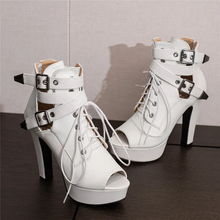 Women Peep Toe Ankle Platform Lace Up High Heels Boots