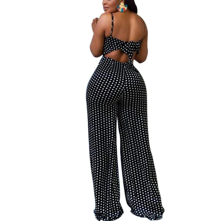 High street casual style jumpsuit with backless design, dot pattern, and wide leg pants.