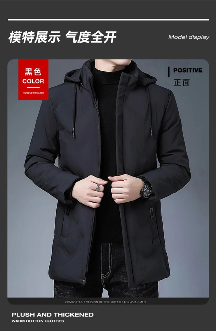 Men Long Parkas Coat Solid Slim Fit Warm Thicken Jacket. Outwear Windproof Coat Hooded Cotton-padded Zipper