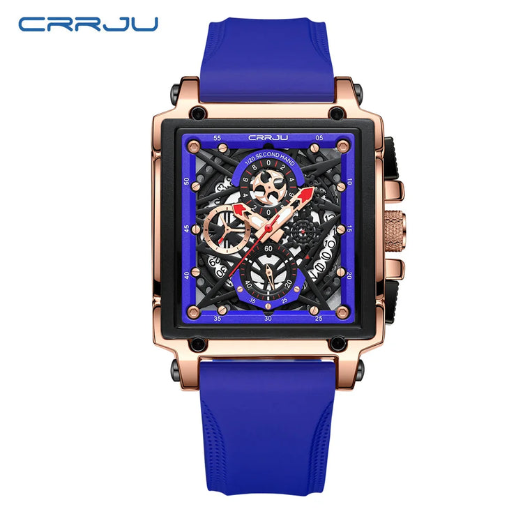 CRRJU Fashion Sports Watch Large Dial Unique Rectangular Hollow Design Quartz Wristwatch with Chronograph Auto Date Silicone Band