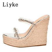 Women  Rhinestone Slipper High Quality Straw Rope Weave Thick  Platform Heels Transparent Sandal