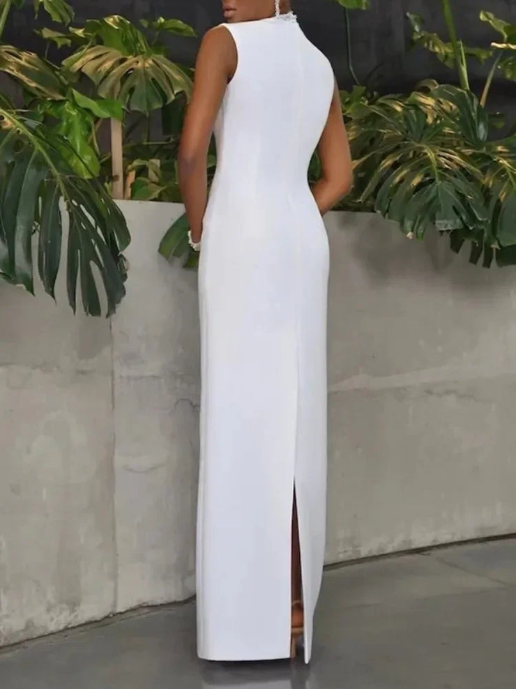 Stylish Shiny Stand Collar Sleeveless Prom Party Dress Back-Split X-Shape Urban Trendy Ankle-Length Women&