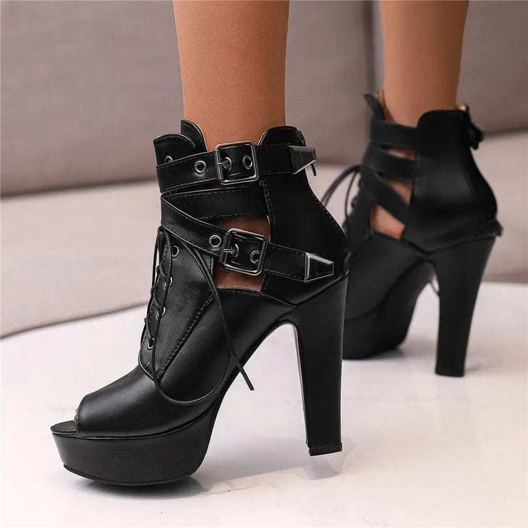 Women Peep Toe Ankle Platform Lace Up High Heels Boots