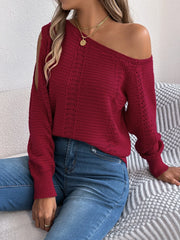 Autumn Winter Sexy Slanted Shoulder Sweater Woman Elegant Solid Color Loose Hollow Out Jumpers Casual Irregular Knitted Sweaters