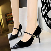 Korean Velvet High Heels Women's Pumps 10cm 7cm Thin Heel Pointed Toe Metal Buckle Shallow Montage Party Shoes