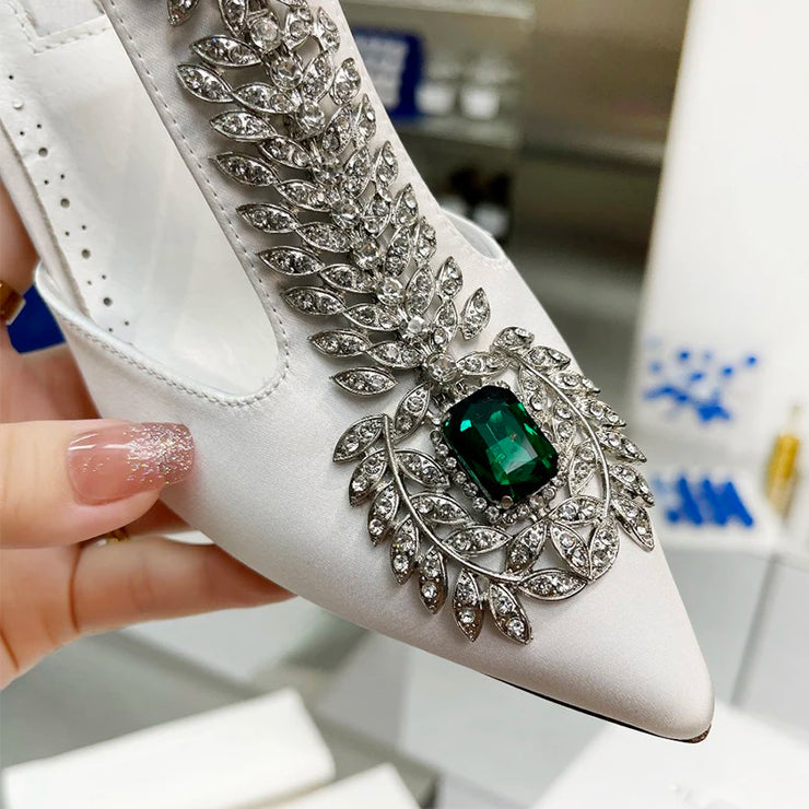 Ladies Rhinestone Pointed Toe Stiletto High Heels Satin Gemstone Ankle-Wrap Buckle Strap  Fairy Pump