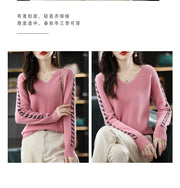 Women Pure Wool  V-Neck Stitching Long-Sleeved Autumn Winter Pullover Loose Knitted Cashmere Sweater