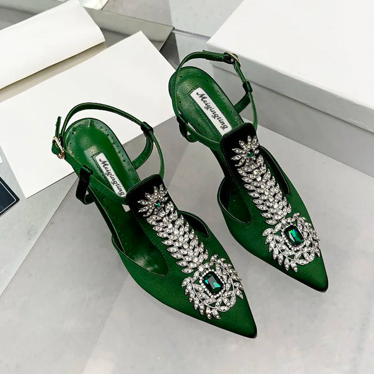 Ladies Rhinestone Pointed Toe Stiletto High Heels Satin Gemstone Ankle-Wrap Buckle Strap  Fairy Pump