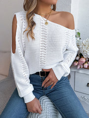 Autumn Winter Sexy Slanted Shoulder Sweater Woman Elegant Solid Color Loose Hollow Out Jumpers Casual Irregular Knitted Sweaters