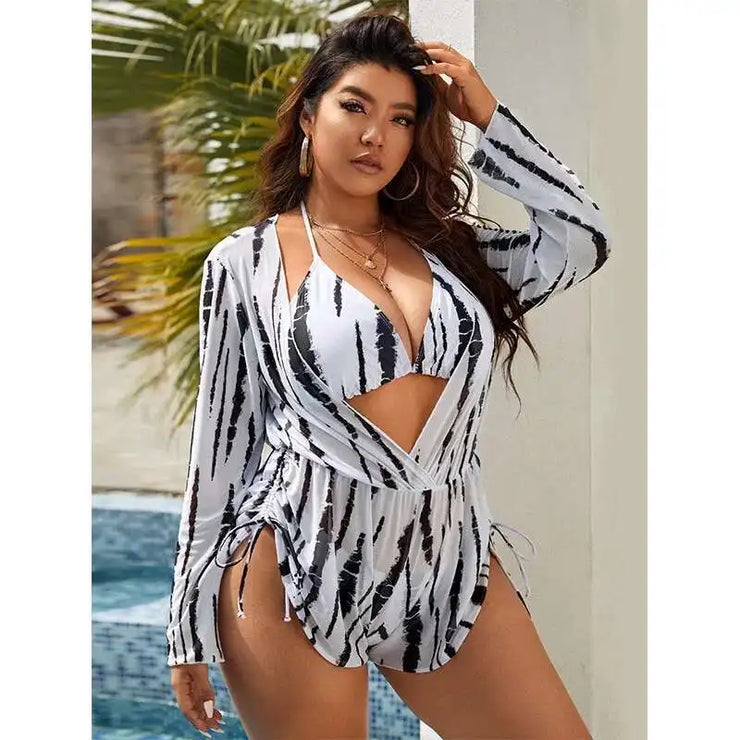 plus Size Striped Bikini Three Piece Set High-Waisted Sexy Swimsuit Polyester Knit