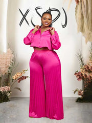 Luxury women's outfit featuring a long sleeve button top and pleated pants set in pink, ideal for autumn casual elegance.