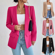 Spring Women's Solid Polyester Cotton Blazer Long Sleeve Slim Fit Office Lady Jacket with Pockets Fashionable Outerwear
