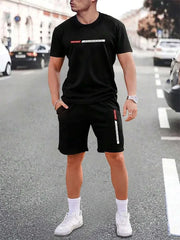 Men's urban street fashion crew neck short sleeve suit in black with casual design.