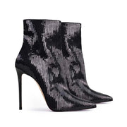 Women's Sexy Paillette Ankle Boots Pointed Toe Stiletto High Heels Slip-On Black Sequin Fashion Dress Shoes