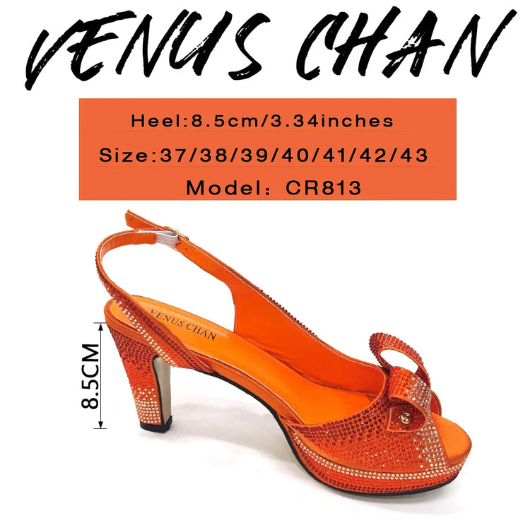 Venus Chan Newest INS Style Peach Color Rhinestone Elegant High Heels Nigeria Popular Design African Ladies Shoes