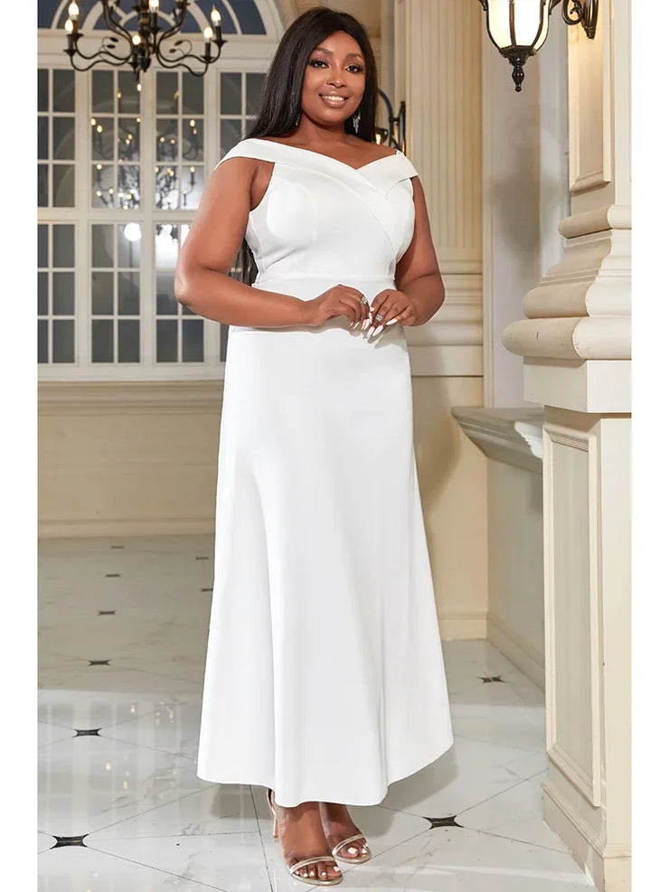 Elegant plus size summer white long dress for women with V-neck and off-shoulder design.