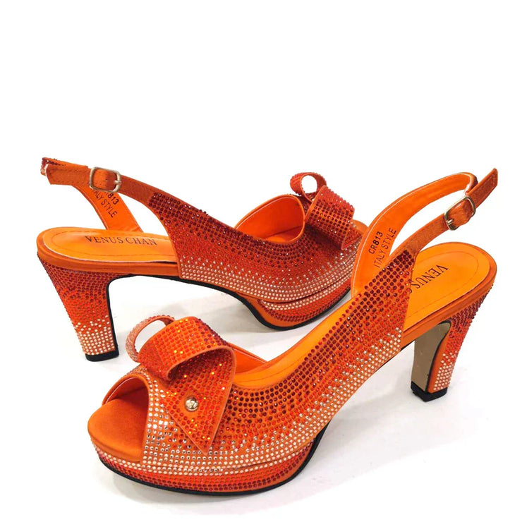 Venus Chan Newest INS Style Peach Color Rhinestone Elegant High Heels Nigeria Popular Design African Ladies Shoes