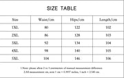 Size chart for Plus Size Ladies' Fashion LOVE Printed Sports and Leisure Long Sleeve Set, showing measurements for sizes 1XL to 5XL in waist, hips, and length.