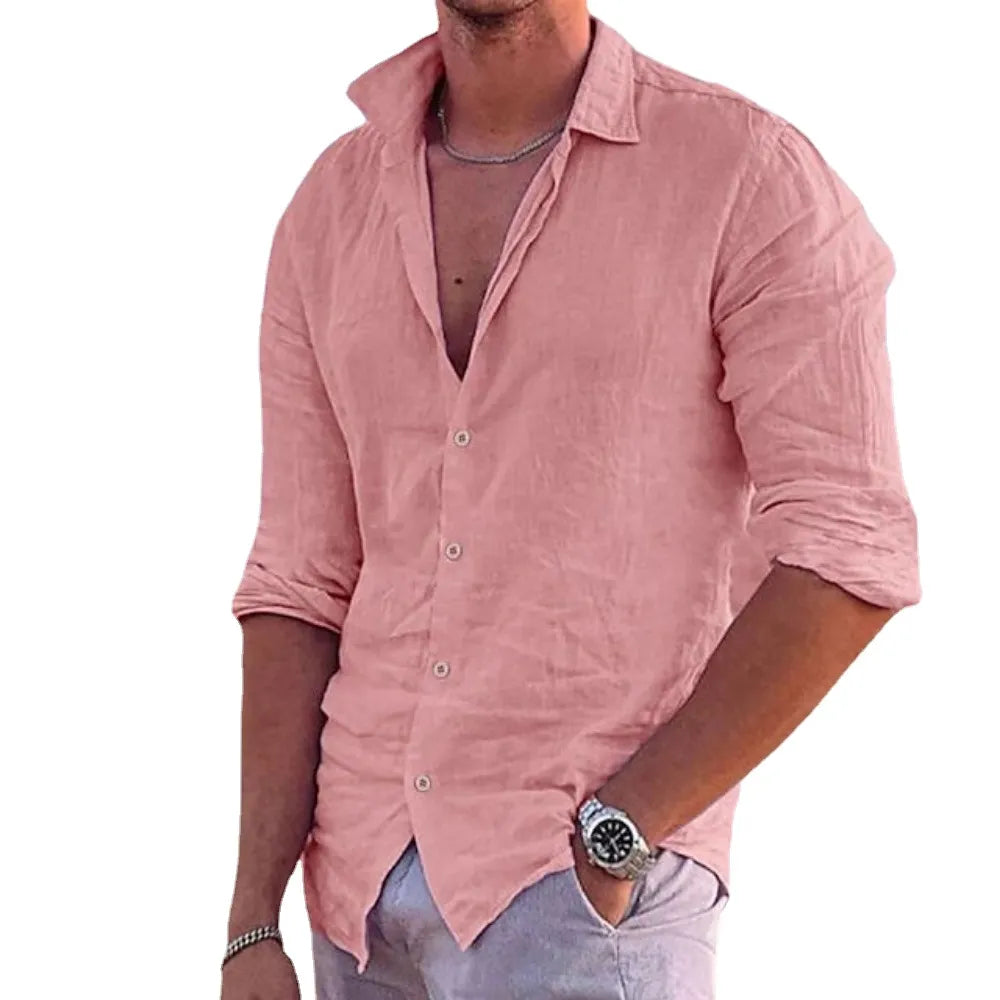 Men's  Cotton linen Fashion Casual Polo Neck   Long Sleeve Solid  Shirts