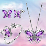 Butterfly Jewelry Set for women Butterflies Amethyst Birthstone Pendant Necklace/Earrings/Rings f