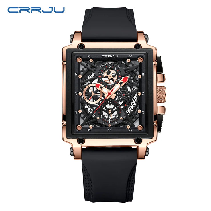 CRRJU Fashion Sports Watch Large Dial Unique Rectangular Hollow Design Quartz Wristwatch with Chronograph Auto Date Silicone Band