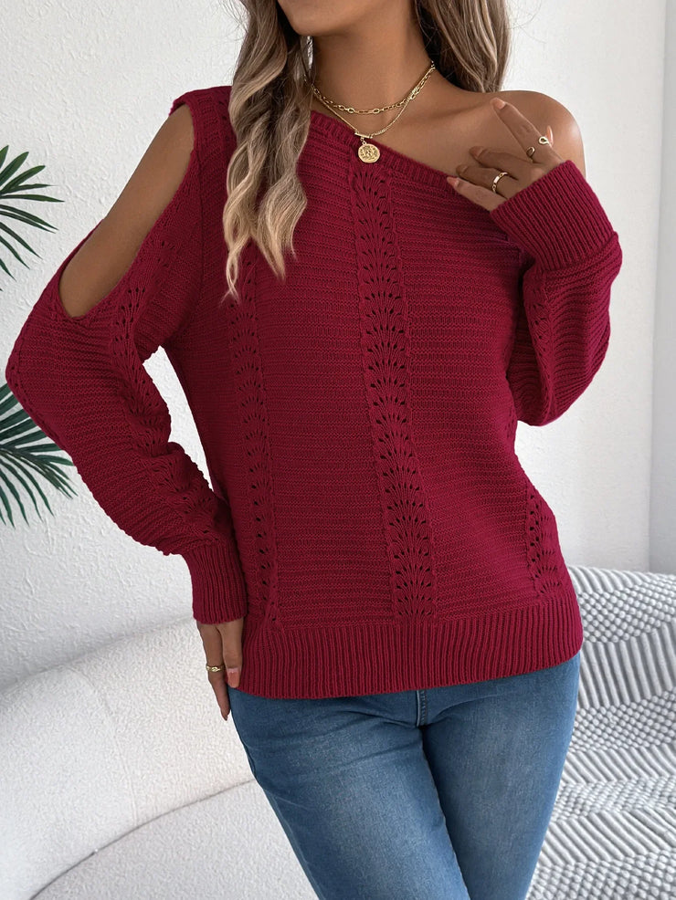Autumn Winter Sexy Slanted Shoulder Sweater Woman Elegant Solid Color Loose Hollow Out Jumpers Casual Irregular Knitted Sweaters