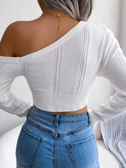 Women's Sexy Knitted One Shoulder Crop Top Long Sleeve Hollow out White Sweater Casual Slim Fit Pullover for Autumn Winter