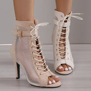 Women  Hollowed Mesh Heels Belt Buckle Lace-up Sexy Open Toe Stiletto J Shoes