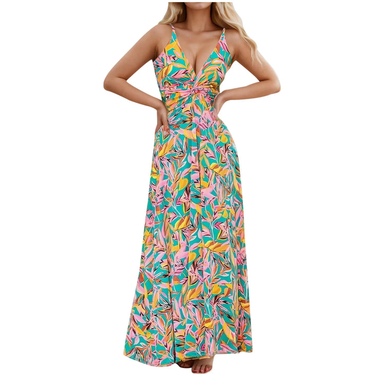 Neck Slim Sleeveless Maxi Floral Sexy Backless Hawaii Dresses