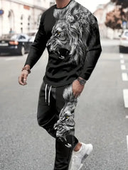 Men's Long-sleeved Set 3D Printed Lion Animal Pattern  Sweatshirt And Trousers Jogging Suit