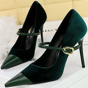 Korean Velvet High Heels Women's Pumps 10cm 7cm Thin Heel Pointed Toe Metal Buckle Shallow Montage Party Shoes