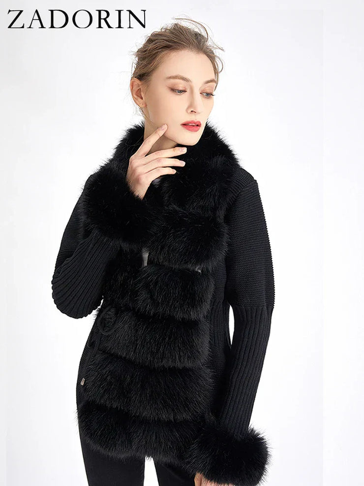 Women Luxury Knit Winter Elegant Detachable Fur Cardigan Korea Style Sweater