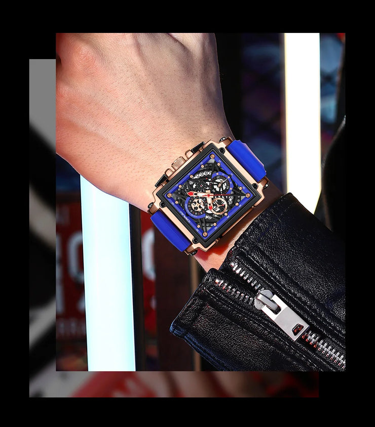 CRRJU Fashion Sports Watch Large Dial Unique Rectangular Hollow Design Quartz Wristwatch with Chronograph Auto Date Silicone Band