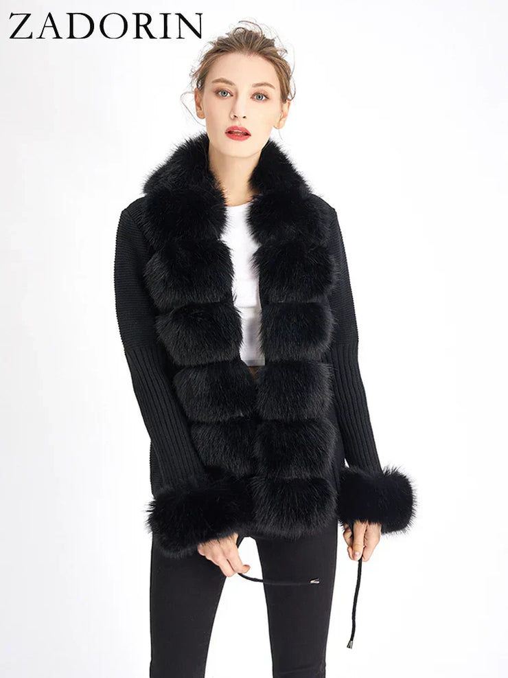 Women Luxury Knit Winter Elegant Detachable Fur Cardigan Korea Style Sweater