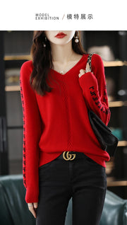 Women Pure Wool  V-Neck Stitching Long-Sleeved Autumn Winter Pullover Loose Knitted Cashmere Sweater