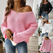 Women's Off-The-Shoulder Flare Sleeve Sweater Loose Fit Pullover Top European American Style Solid Knit