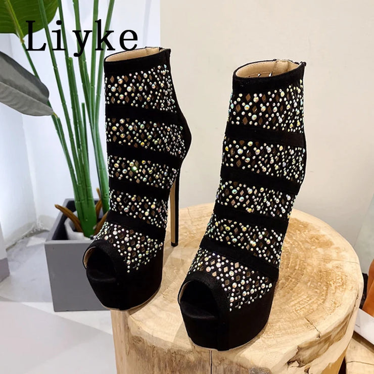 Women  Sexy Peep Toe Platform Boots Crystal Rhinestone Mesh Ankle Booties Extreme High Heels