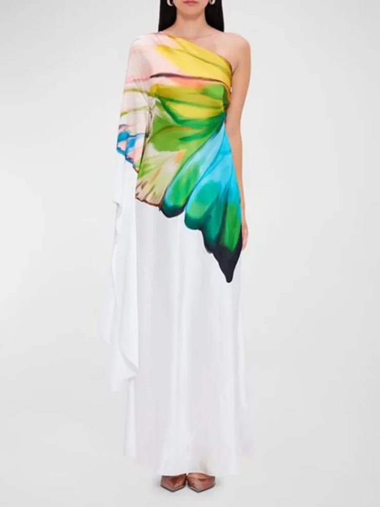 Women Flower Printed  One-shoulder High Waist A-line Elegant Dress