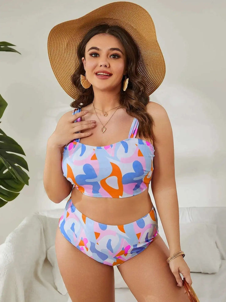 plus Size Split Swimsuit High Waisted Gathered Tight Fitting Summer Essential Bikini Eye Catching Vibe Comfortable Polyester