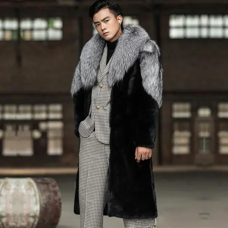 Maxi Men Winter Thick  Faux Fox Fur Coat Jacket Long Sleeve Warm Luxury Fur Black