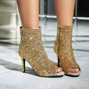 Women Thin High-Heeled Open Toe Zipper Golden Sequins Ankle Boots