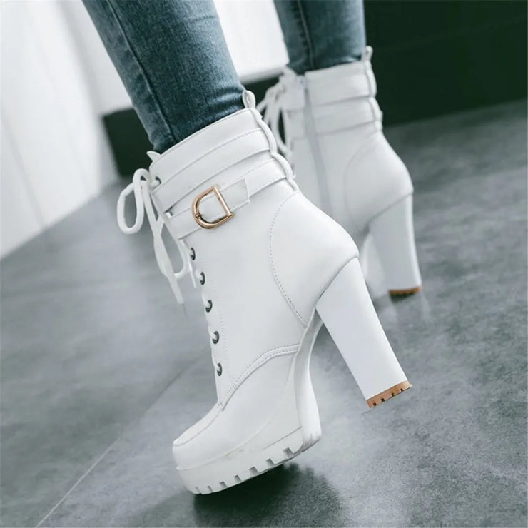 Women Motorcycle  High Heel Platforms Sexy Botas Buckle White